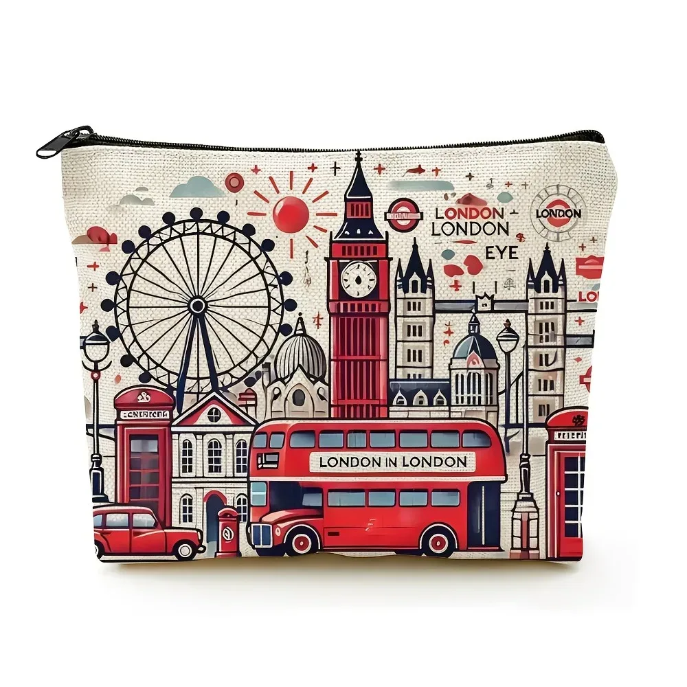 sac à cosmétiques imprimé london, trousse de maquillage légère à fermeture éclair, sac sur le thème de la culture de voyage mignon, pochette de rangement de maquillage de voyage
