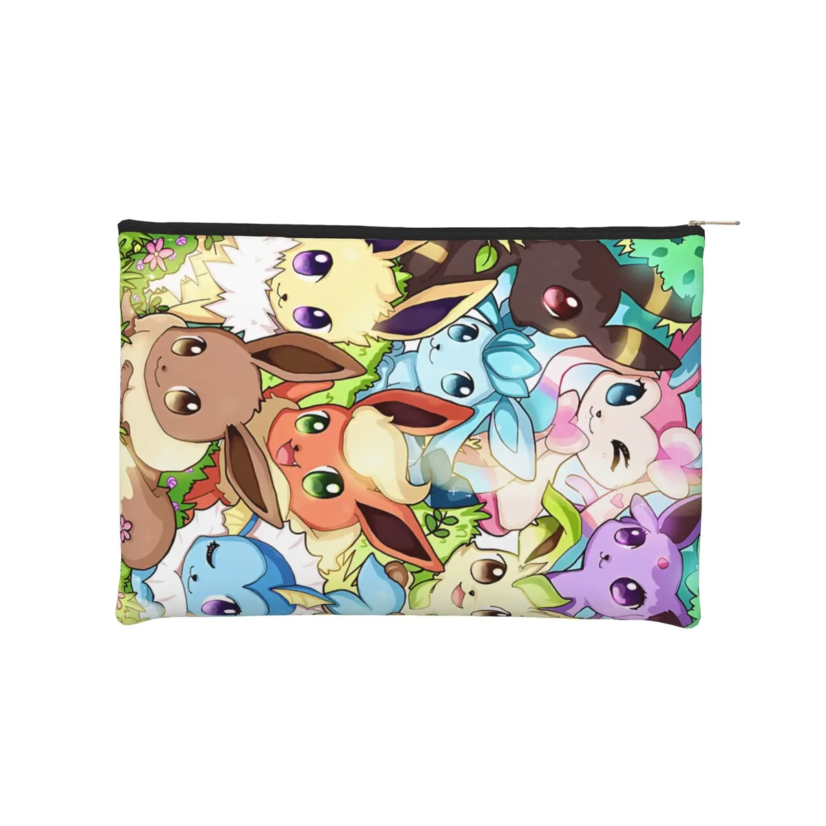 pochette pliable mignonne sur le thème de l'anime pokemon eevee eeveelution, trousse de maquillage, trousse de toilette avec fermeture éclair, pochette cosmétique de voyage