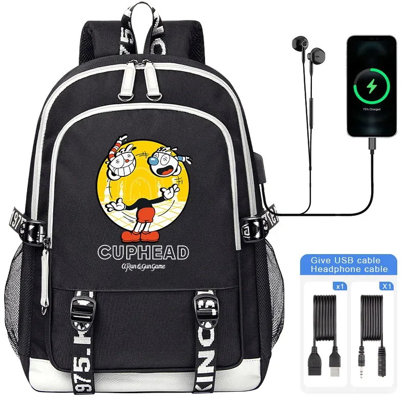 cuphead mugman sacs d'école pour adolescent usb charge sac à dos pour ordinateur portable garçons filles étudiant livre sac mochila sac de voyage