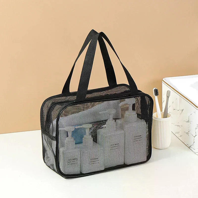 sac de rangement portable pour douche corporelle, lavage de voyage ; pochette cosmétique de maquillage en maille de grande capacité ; sacs à main de toilette polyvalents.