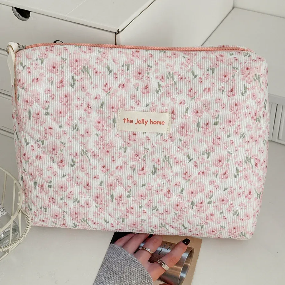 sac de rangement de voyage en coton matelassé pour femmes, sacs à cosmétiques rétro cerise, design mignon, trousse à crayons pour filles, trousse de maquillage, sacs à main
