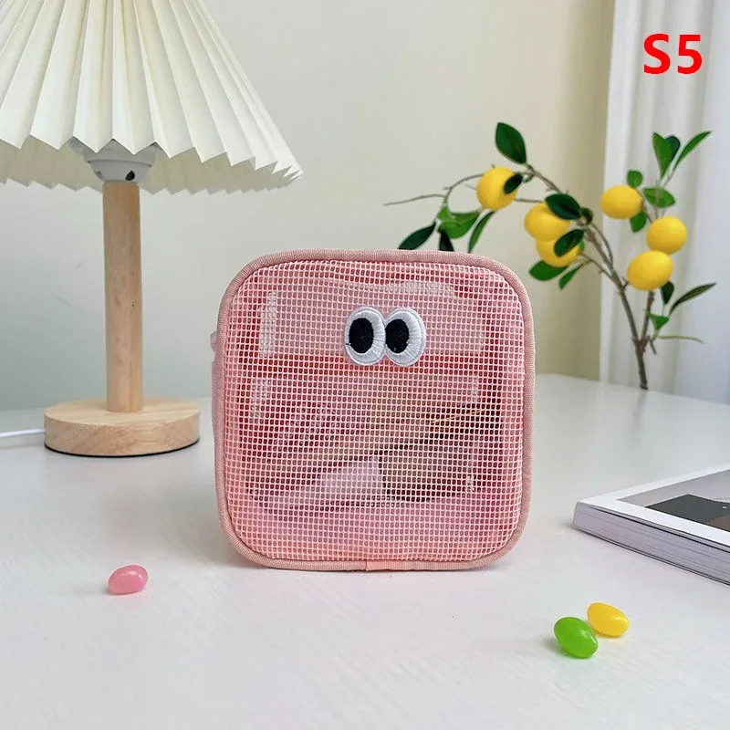 trousse de maquillage portable kawaii, sac cosmétique en maille, sac de rangement de produits de toilette, poudres de maquillage, grands yeux mignons, nouveau document de bonbons
