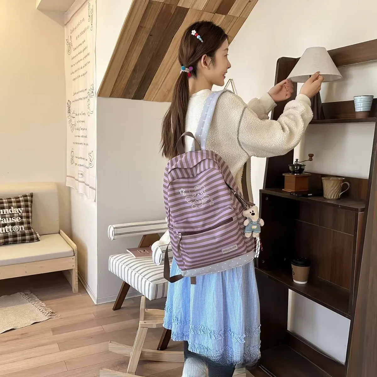 nouveau sac à dos à rayures tendance, unisexe, en nylon, adapté à l'école et à l'éducation, capacité 20-35l, léger, 14 pouces