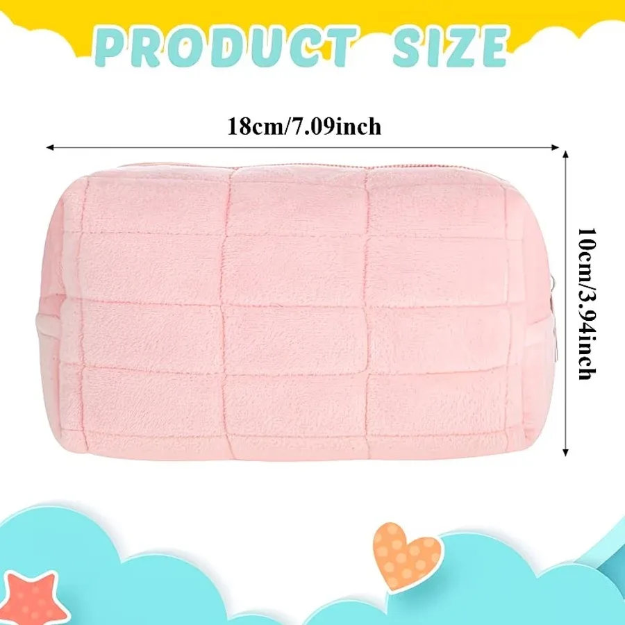 Ensemble de 3 sacs à maquillage en peluche, sac à maquillage à carreaux, trousse de toilette de voyage à fermeture éclair de grande capacité, sac de rangement multifonctionnel portable, pochette de rangement mignonne pour pinceaux de maquillage, adapté aux femmes, rose, bleu, blanc