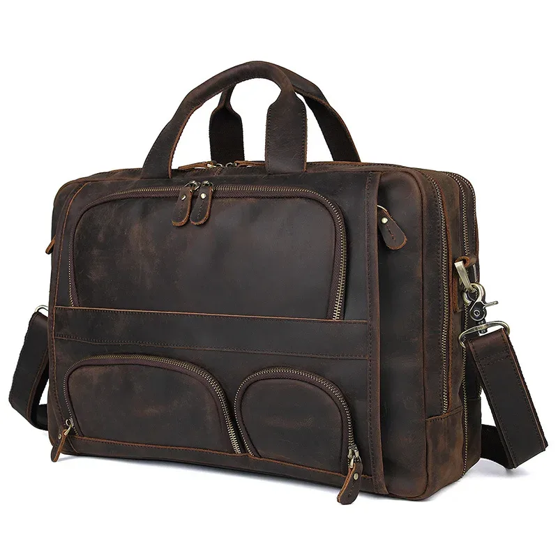 sac d'affaires en cuir véritable pour homme, étui à bombes multifonction, sac de voyage pour homme, fourre-tout vintage, grand sac initié, cheval élan, ordinateur portable 17"