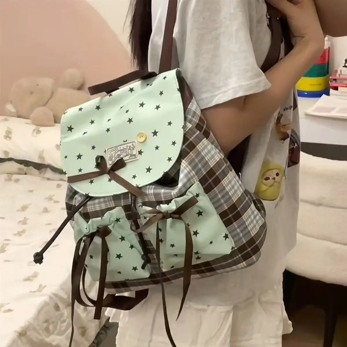 sac à dos coréen à carreaux et imprimé étoiles pour femmes, sac d'école à cordon avec nœud, esthétique y2k, sac de voyage décontracté pour adolescentes