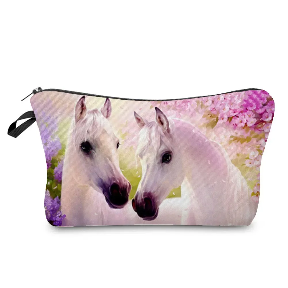 sacs de maquillage imprimés cheval pour femmes, sac à cosmétiques décontracté pour filles, mini trousse de toilette écologique réutilisable de voyage, trousse à crayons pour étudiants