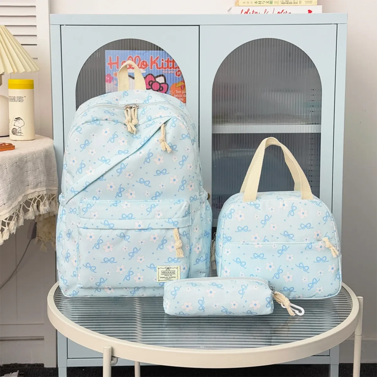 ensemble de sacs à dos trois pièces en nylon léger à imprimé floral avec nœud, grande capacité, pour filles, idéal pour le campus et les étudiantes