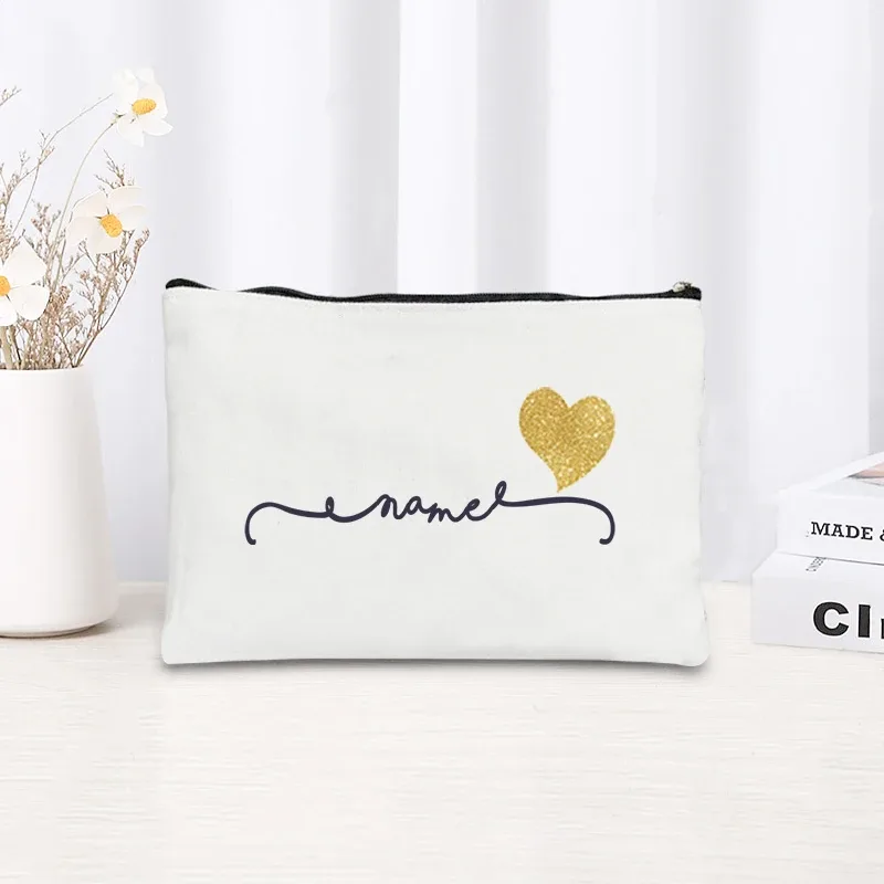 trousse de maquillage personnalisable en forme de cœur doré, pochette cosmétique, organisateur de voyage pour femmes, étui de rangement portable en toile pour articles de beauté