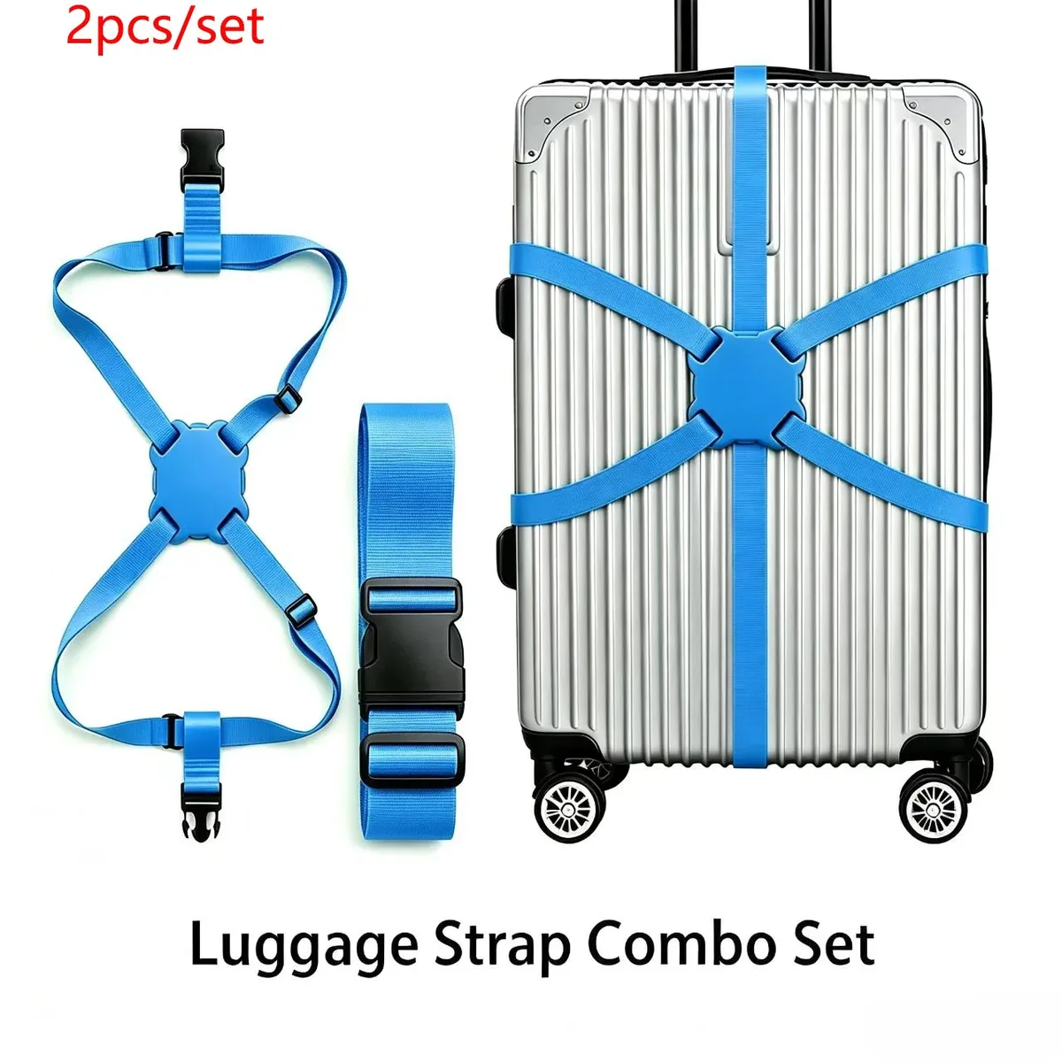 ensemble de 2 sangles de bagage (incluant 1 sangle standard + 1 sangle en forme de huit), ensemble de sangles de bagage hautement élastiques avec renfort anti-explosion, longueur réglable de 20 à 32 pouces (cm), universel pour valises à roulettes, sangle de fixation anti-rupture et sécurisée pour les voyages d'affaires, accessoire de voyage portable multifonctionnel