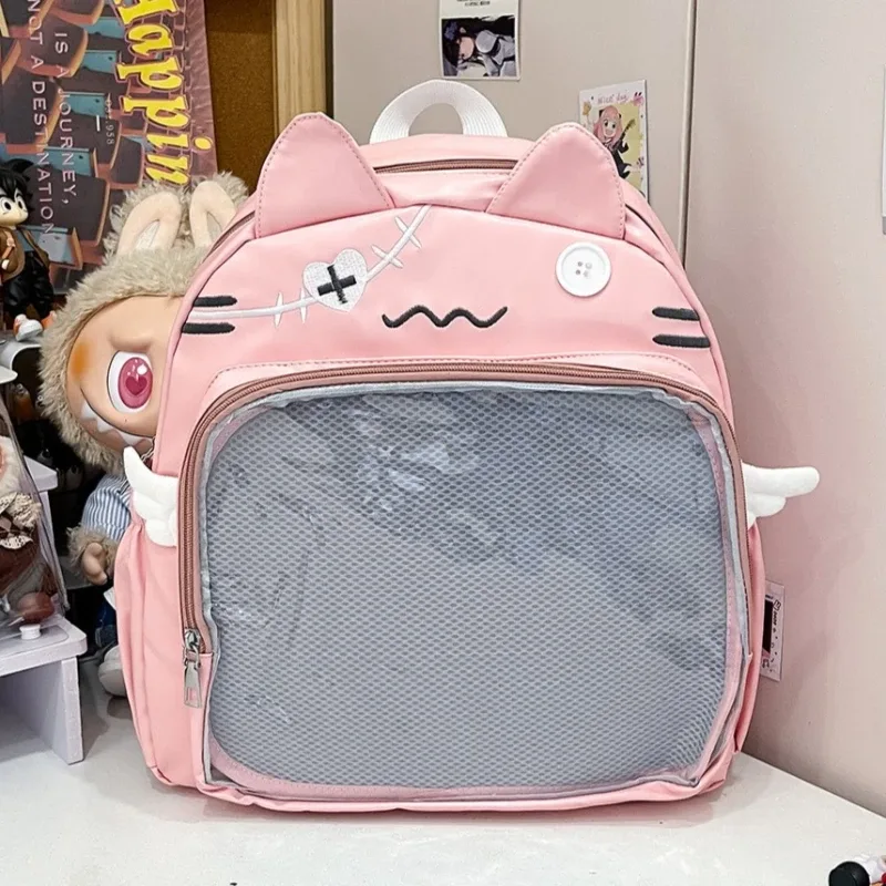 sac à dos chat mignon pour femme, sacs à dos esthétiques féminins, nylon, style japonais, mode décontractée, sac ita transparent, grande capacité
