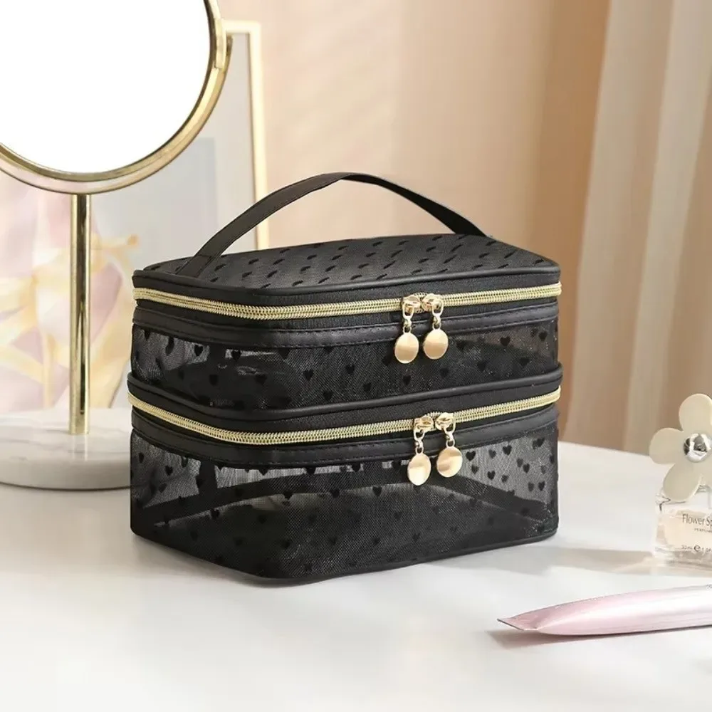 sac à cosmétiques en maille noire, double couche, grande capacité, pochette de rangement, fermeture éclair, sacs de toilette portables