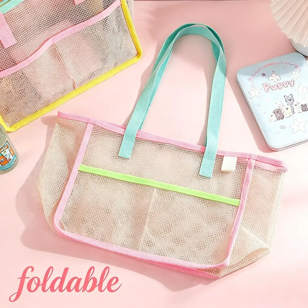 sacs de plage pour femmes, sacs de plage pliables colorés en filet, sac de voyage pour la piscine, poche de rangement pour accessoires de plage