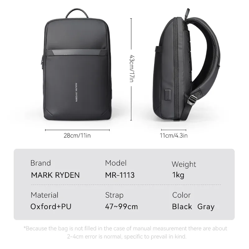 sac à dos pour ordinateur portable mark ryden, fin et multi-couches, résistant à l'eau, sac à dos de cabine d'avion, sac à dos professionnel avec port usb