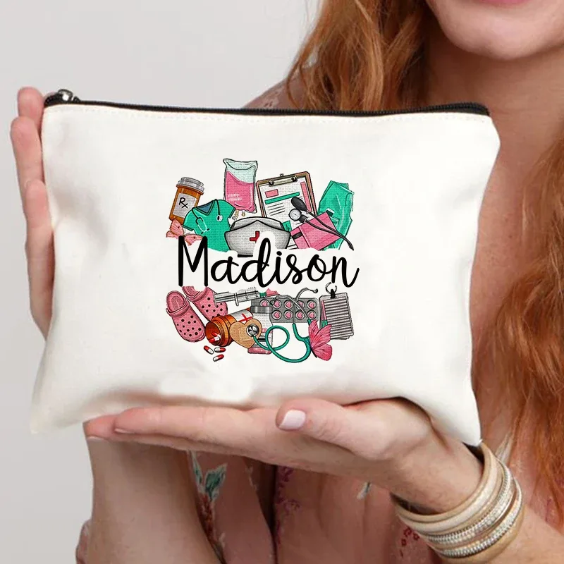 sac de rangement personnalisé pour infirmières, pochette en toile à fermeture éclair, fournitures de bureau, étui à stylos, portefeuille avec nom personnalisé, sacs à cosmétiques, cadeau pour infirmières