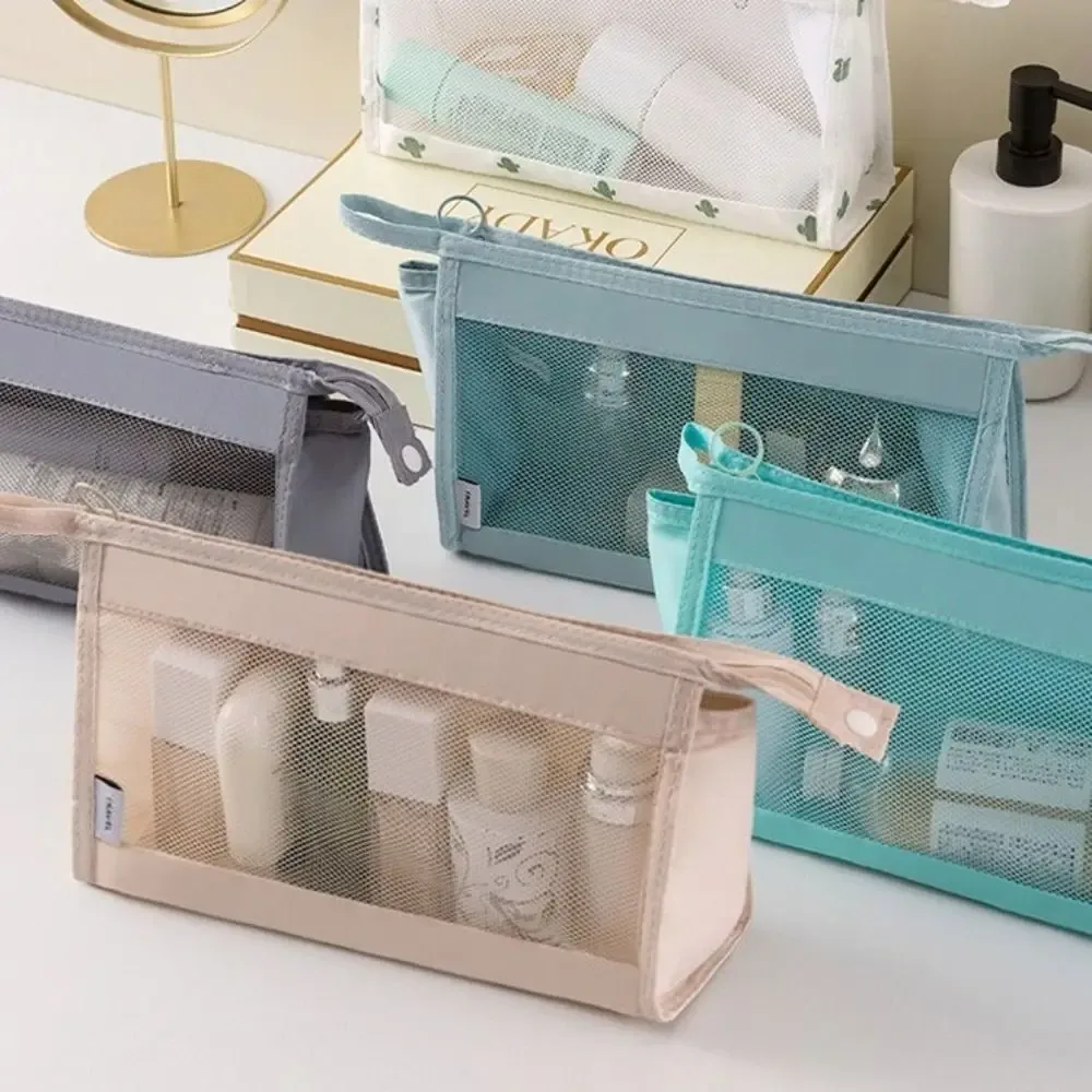 sac cosmétique portable à fermeture éclair, grande capacité, pochette en maille multifonctionnelle pour maquillage, camping