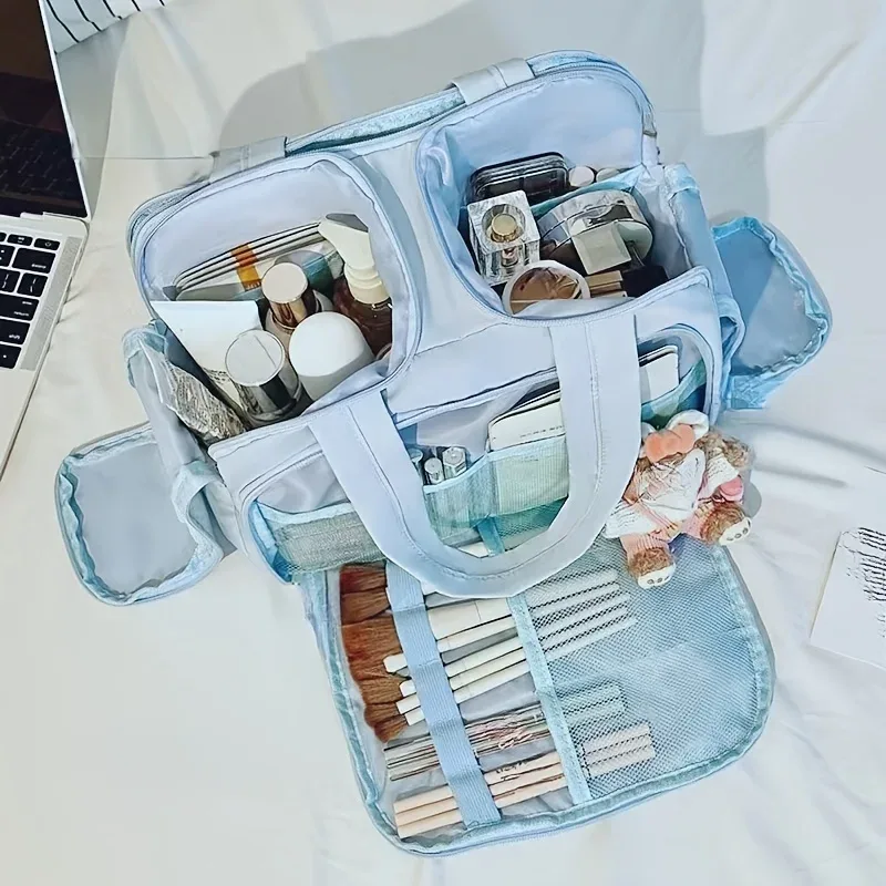 sac de maquillage de voyage grande capacité, organisateur de cosmétiques avec poignée, sac de rangement multi-compartiments pour articles de toilette pour femmes