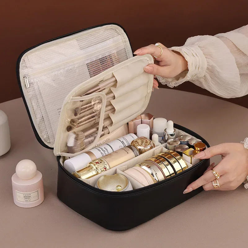 sac de maquillage fourre-tout de grande capacité en pu, organisateur de voyage portable, sac de rangement de cosmétiques de toilette, pochette de luxe à double couche pour femmes