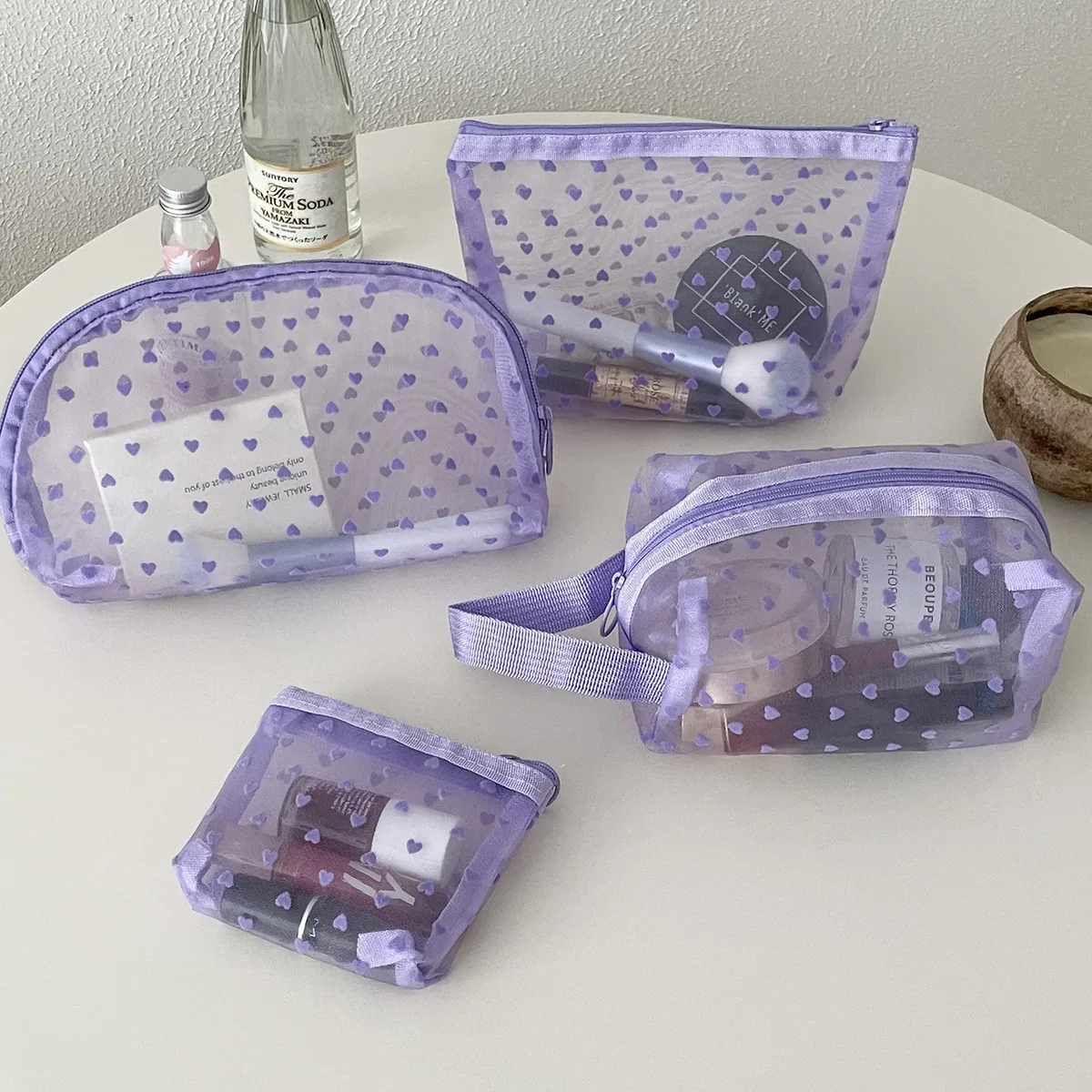 trousse de maquillage en maille de velours violet, trousses à cosmétiques, poudres de maquillage, sacs de rangement transparents, trousse d'évaluation de maquillage, trousse de toilette