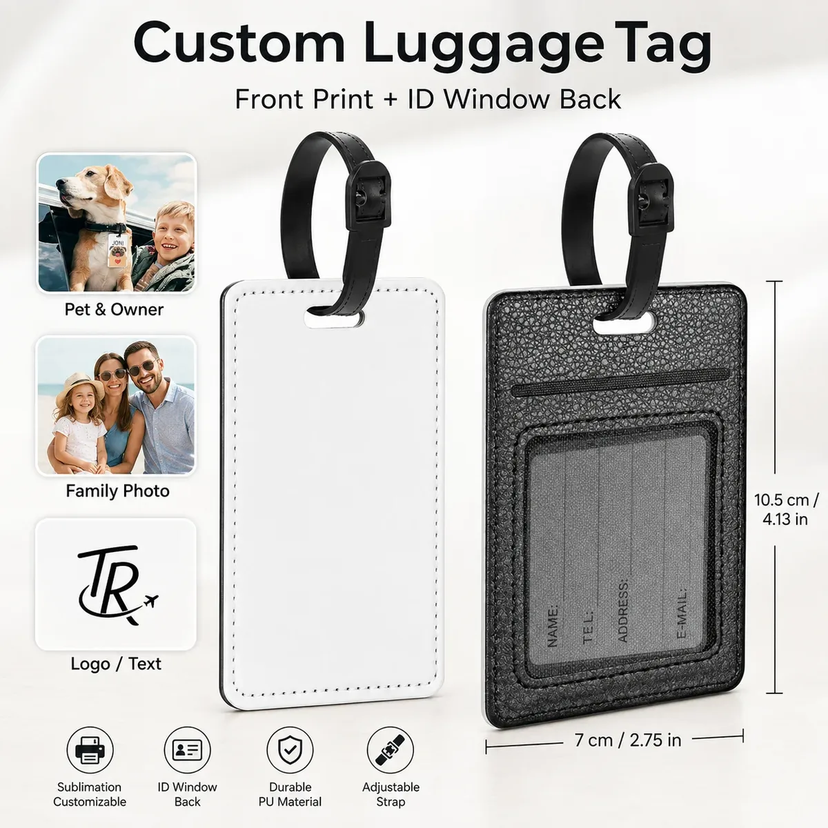 étiquettes de bagage personnalisées en cuir pu avec photo, étiquettes d'identification étanches avec image, pour voyage d'affaires, en cuir haut de gamme, pour carte d'embarquement
