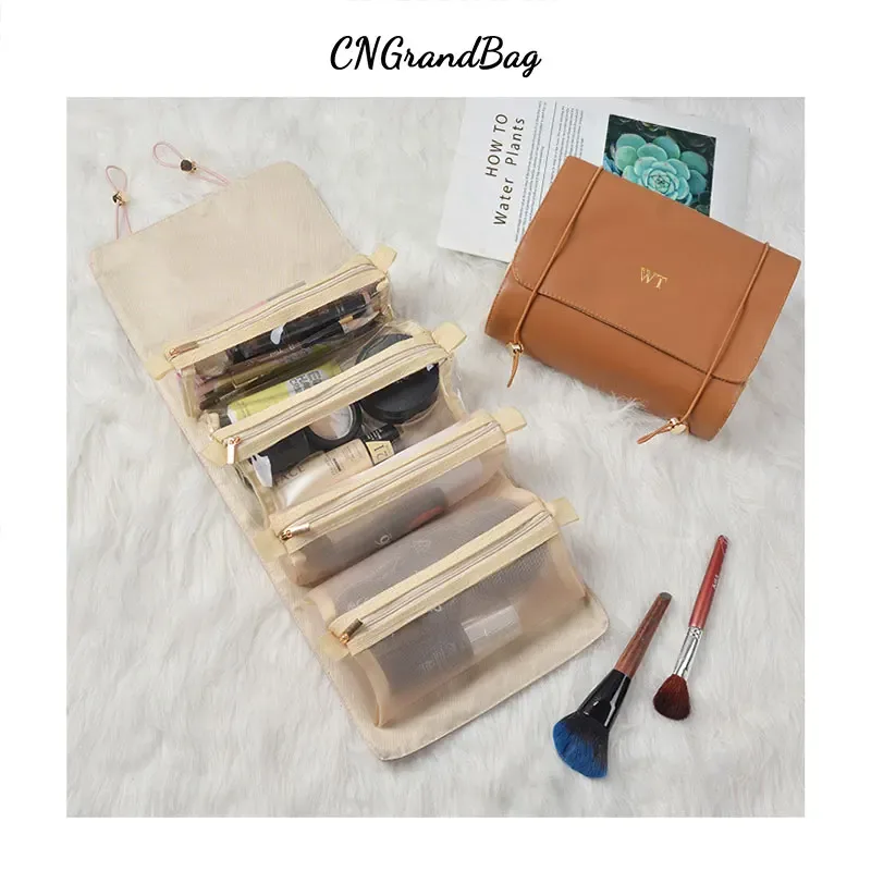 sac à cosmétiques en cuir pu avec lettres personnalisées, sac de rangement pour pinceaux de maquillage de voyage, sac de lavage quatre en un détachable, pratique à la mode