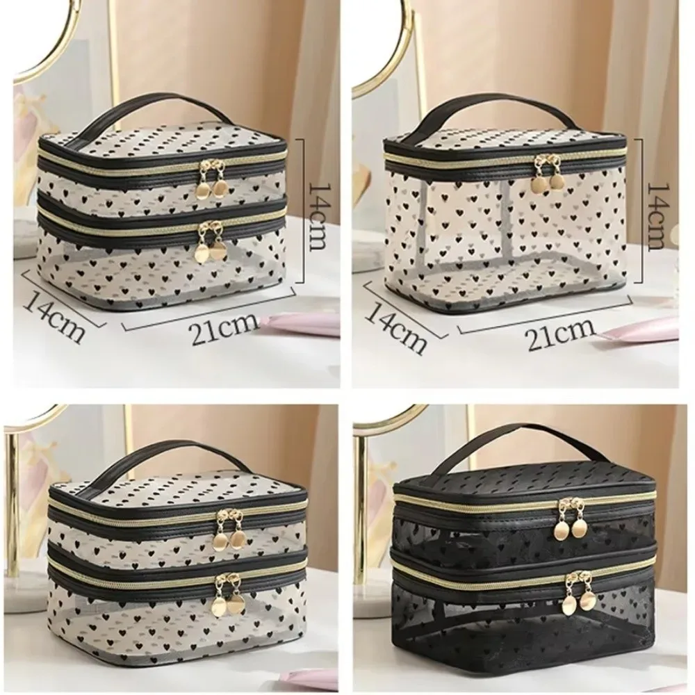 sac à cosmétiques en maille noire, double couche, grande capacité, pochette de rangement, fermeture éclair, sacs de toilette portables