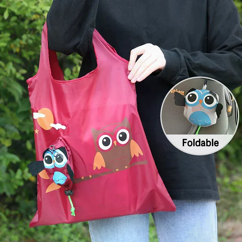 sac de courses pliable portable avec motif de hibou de dessin animé, sac fourre-tout de grande capacité, sac à main à bandoulière, pochette de voyage pour épicerie, 1/3 pièces