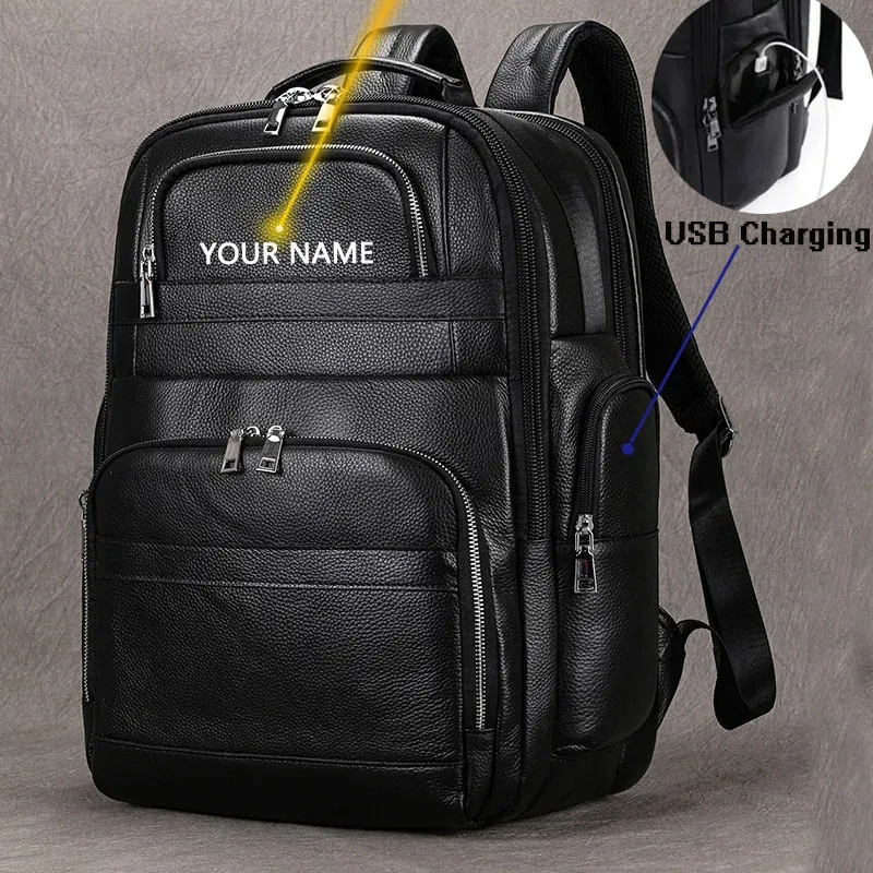 luufan-sac à dos de chargement usb pour homme, cuir de vache véritable, sac à dos étanche pour ordinateur portable 16 ", cartable noir, grand sac à dos de voyage pour homme
