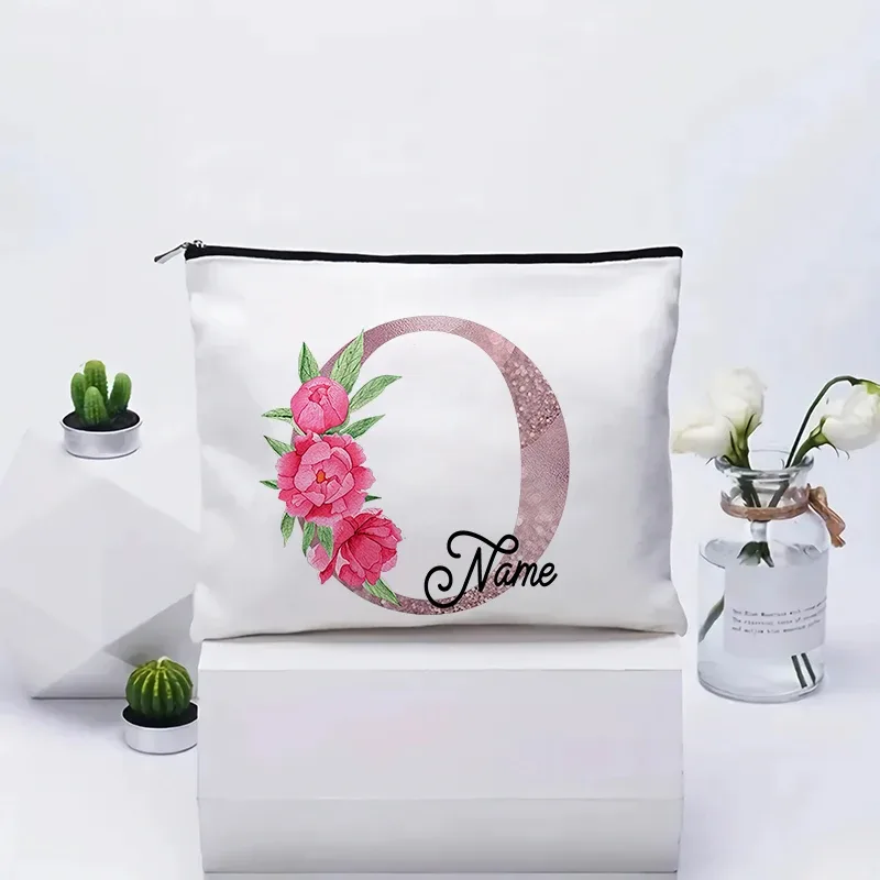 trousse de maquillage personnalisable avec prénom, cadeau de mariage, grande pochette en toile à fermeture éclair, motif floral pivoine, essentiels de voyage, maquillage