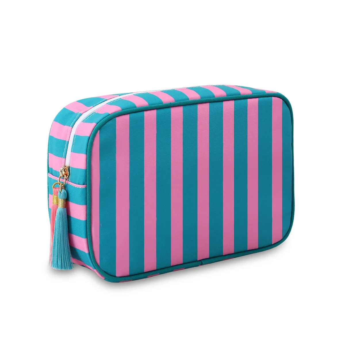 grand sac à cosmétiques portable rayé pour femmes, sac de maquillage à pompon avec fermeture éclair, pochette de rangement de grande capacité