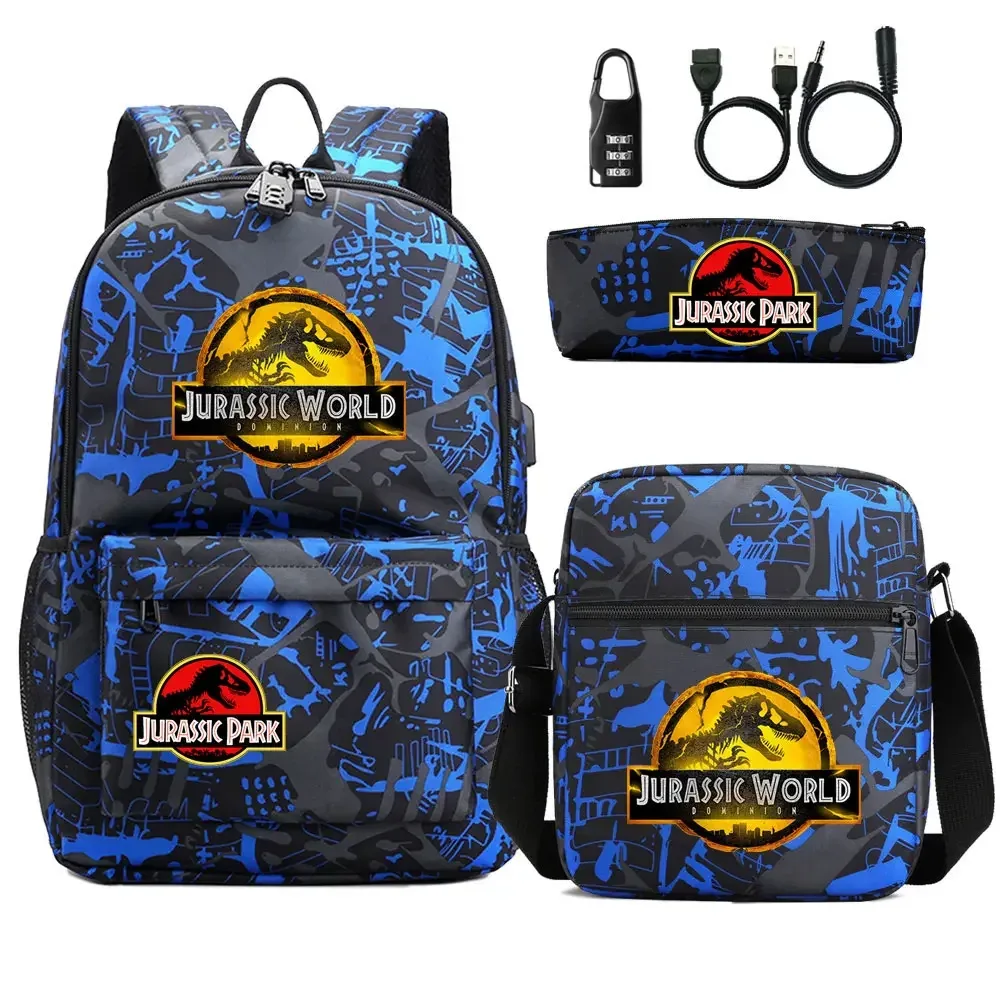 dinosaure jurassic park world 3 pièces usb antivol serrure garçon fille enfants école livre sacs voyage sac à dos sac à bandoulière stylo sac