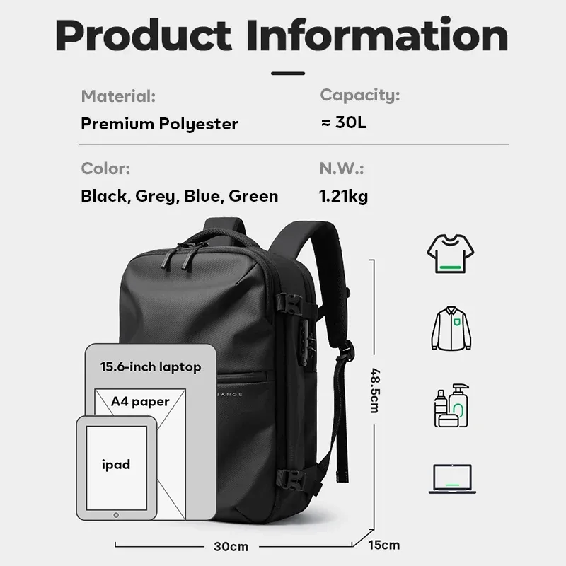 bange sac de cabine antivol séparation humide et sèche sac à dos de voyage pour hommes femmes bagage à main 15.6 pouces sacs à dos d'ordinateur portable pour homme