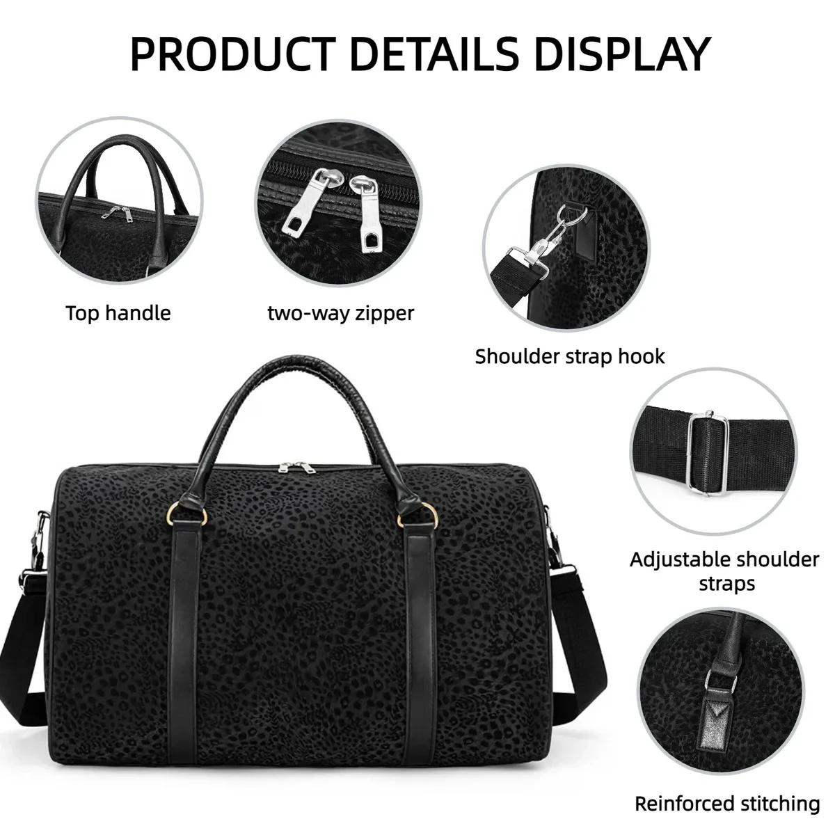 sac de voyage d'affaires pour homme, sac à main noir à motif léopard, compatible avec un ordinateur portable de 16 pouces, sac de voyage pour les déplacements professionnels et les vacances
