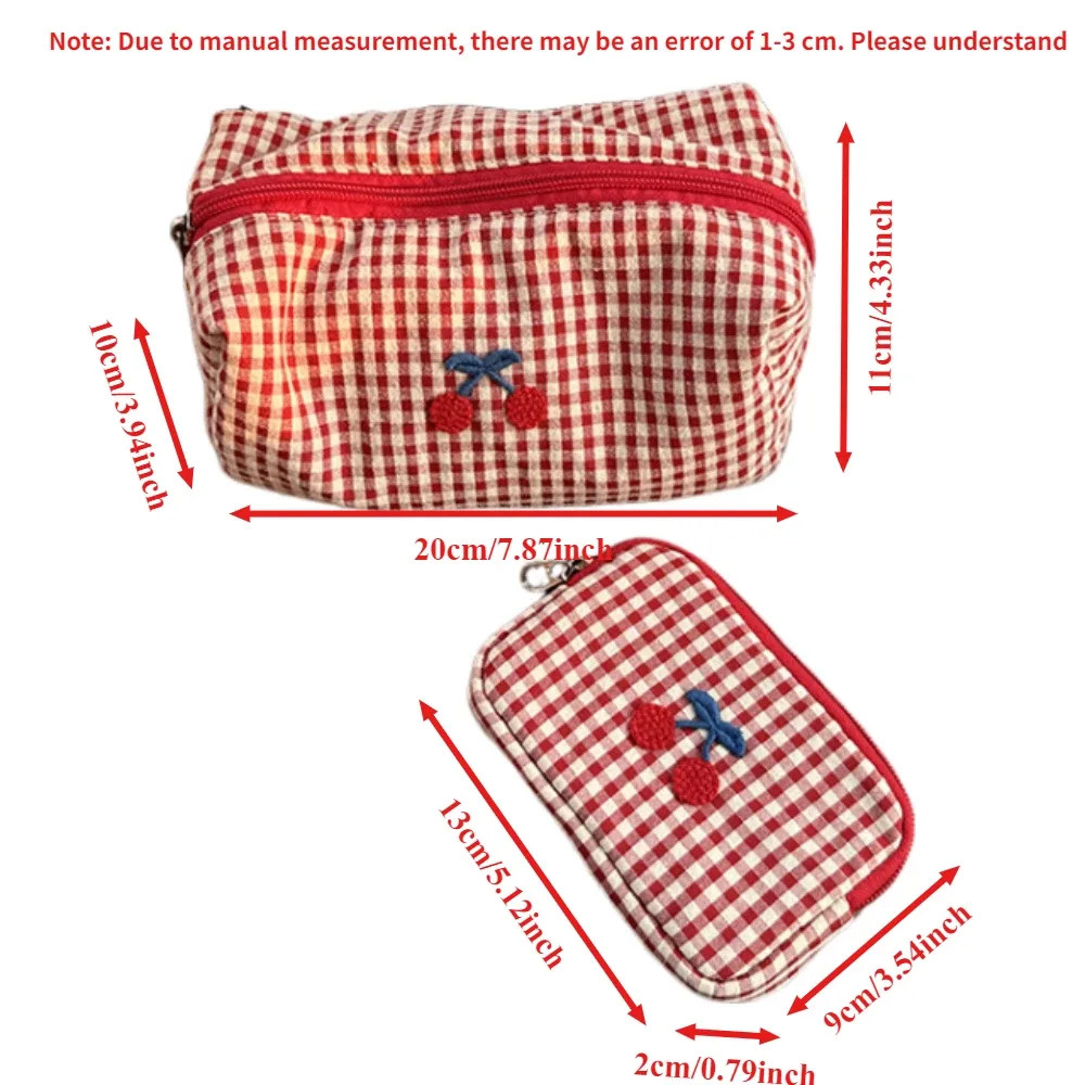 pochette de maquillage simple en coton à carreaux, sac de rangement multifonctionnel en tissu pour articles de toilette, porte-cartes, grande capacité, pochette cosmétique cerise unisexe