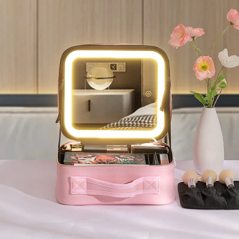 miroir de mallette de train 3 couleurs, trousse de maquillage portable blanche, organisateur étanche avec séparateurs réglables, mallette de rangement de cosmétiques, cadeau