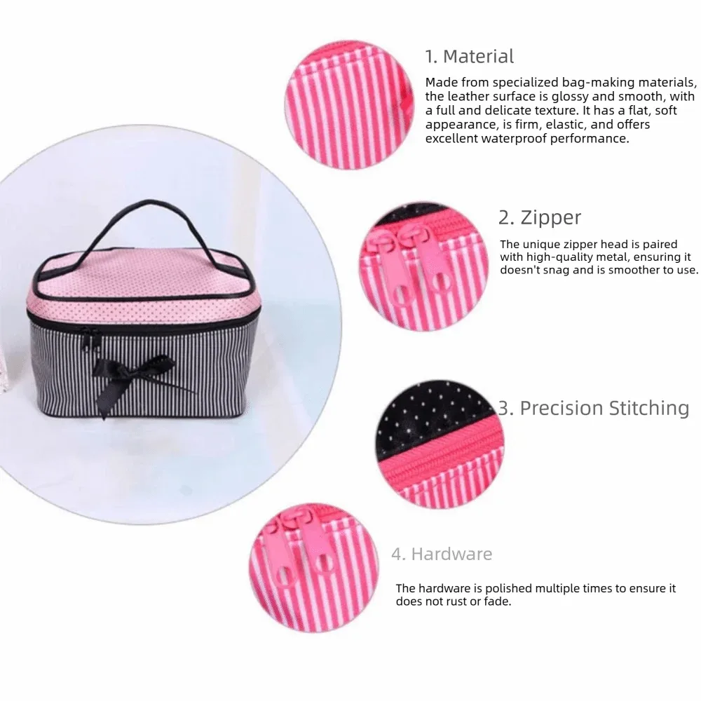 trousse de toilette portable mignonne à rayures et nœud, sac de rangement pour cosmétiques, sac à main, trousse de maquillage, étui de bain