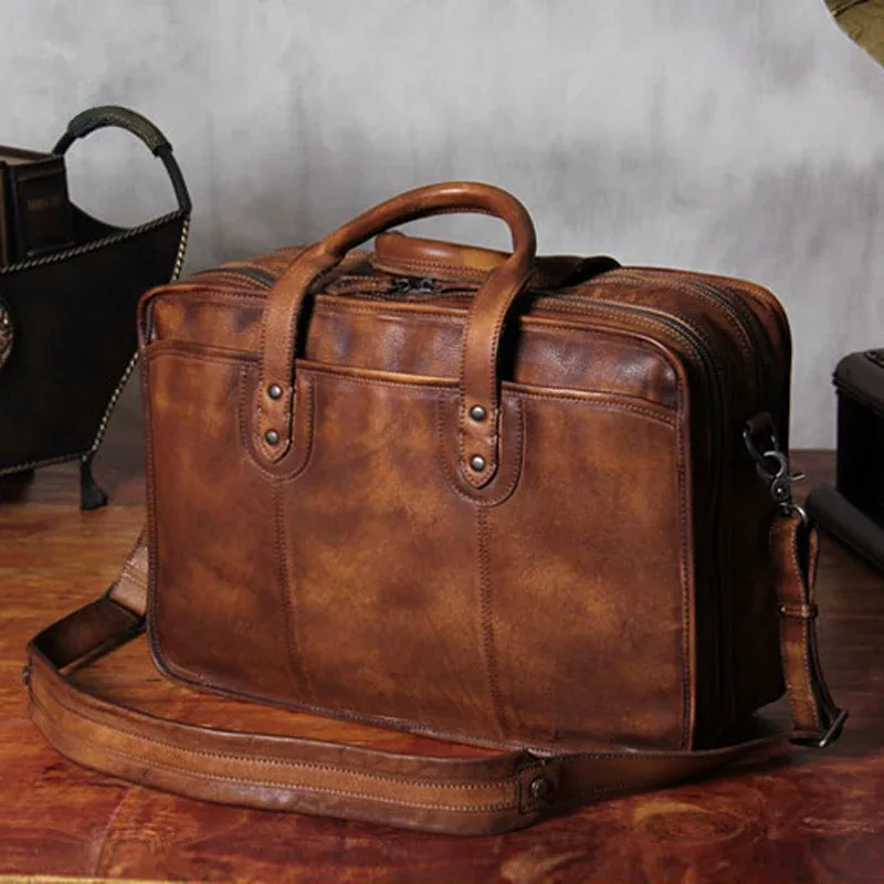 Sacoche de luxe vintage en cuir véritable pour homme, grande mallette d'affaires en cuir, sac pour ordinateur portable 15,6 pouces, porte-documents, sac à main.
