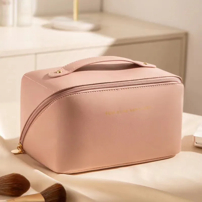 trousse de maquillage de voyage grande capacité, organiseur de cosmétiques extensible avec compartiments zippés pour articles de toilette et accessoires, rose