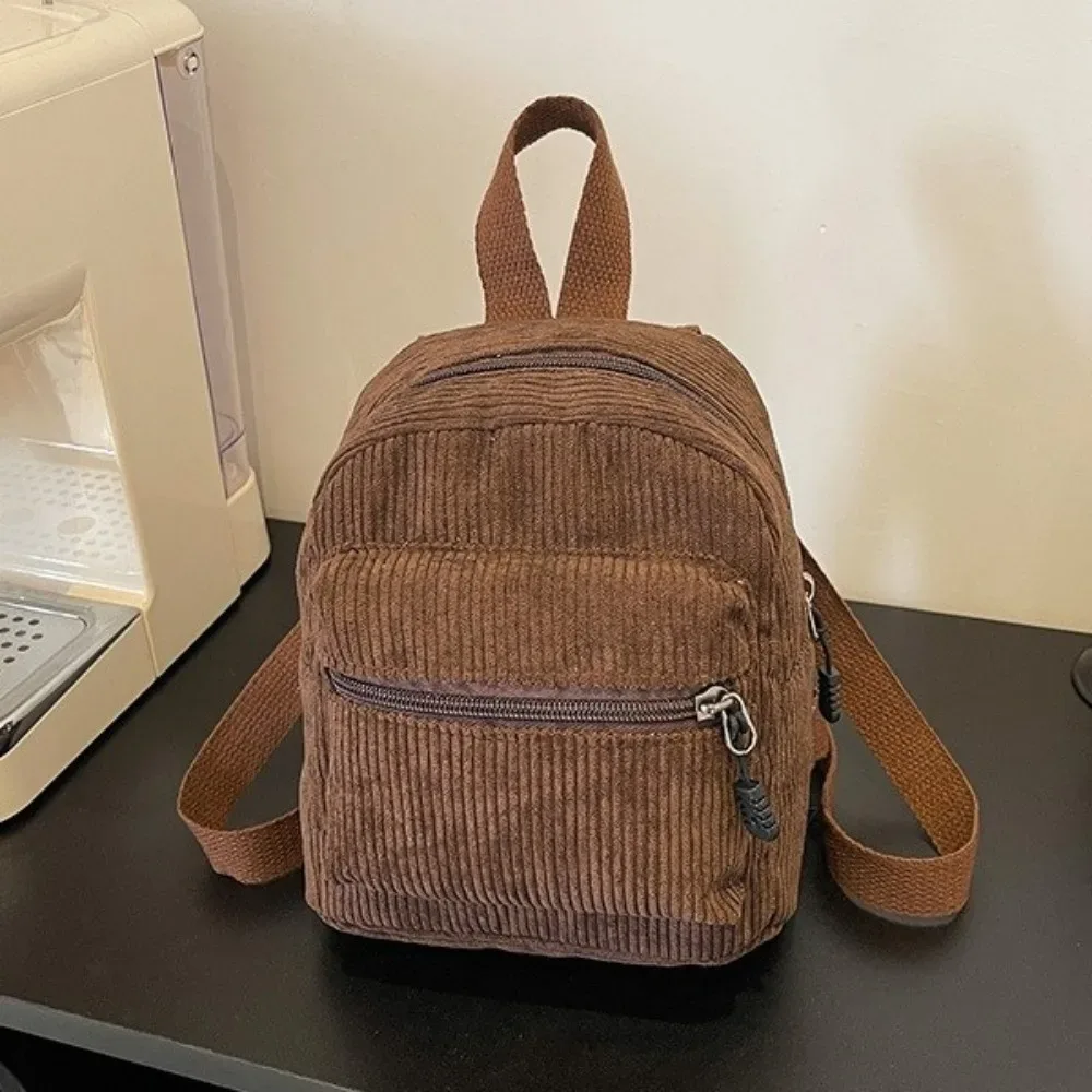 mini sac à dos polyvalent en velours côtelé de couleur unie, léger, avec fermeture éclair, double bandoulière, multi-poches, sac à dos vintage pour le quotidien et les voyages