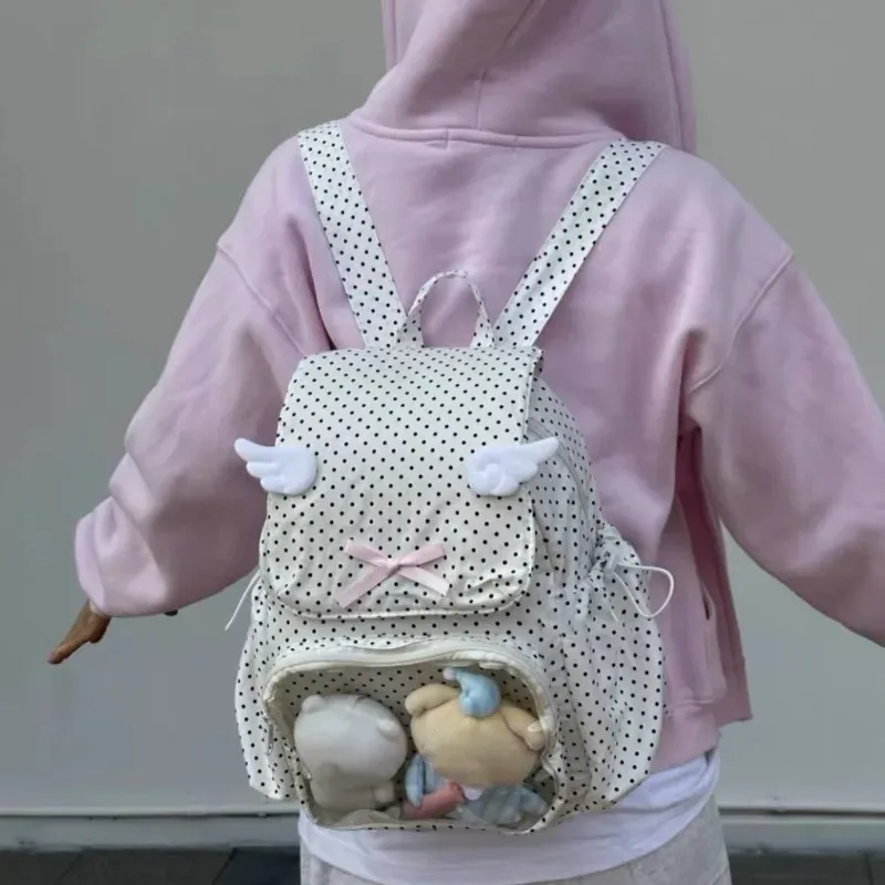 sac à dos mignon à pois, aile d'ange, nœud rose, poche transparente, sac à dos de grande capacité, sac de trajet sweet lolita pour femmes
