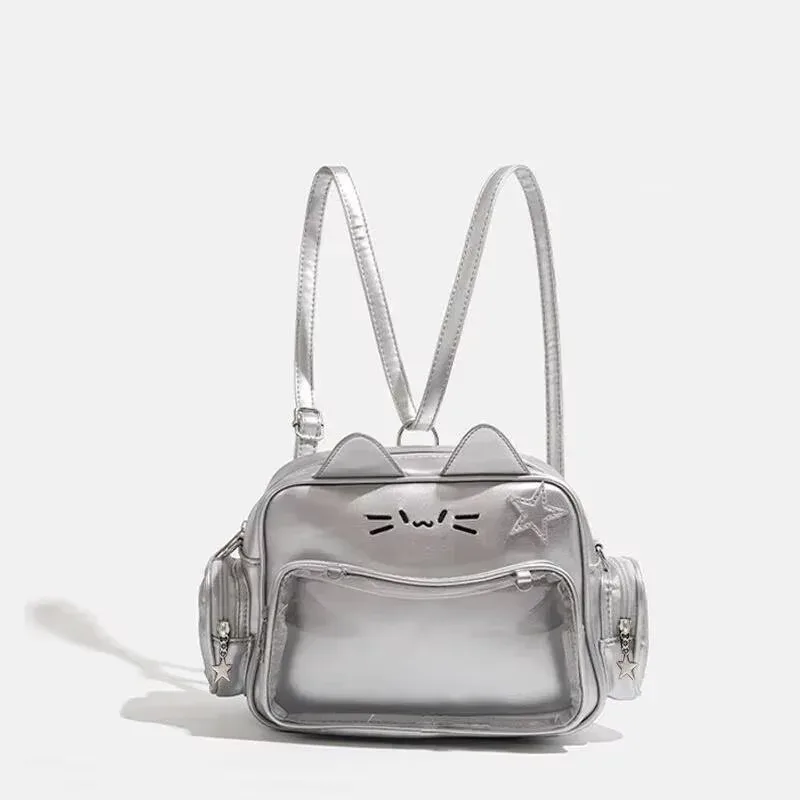 y2k-sac à dos chat argenté pour femme, adolescent mignon, sac d'école ita, doux, fille, poche transparente, sac de voyage, sac à bandoulière, japon