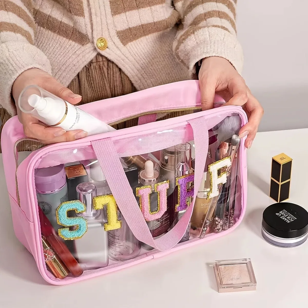 sacs de rangement de toilette, organisateurs de cosmétiques de voyage de grande capacité, sacs à cosmétiques avec lettres en chenille, pochettes de maquillage transparentes