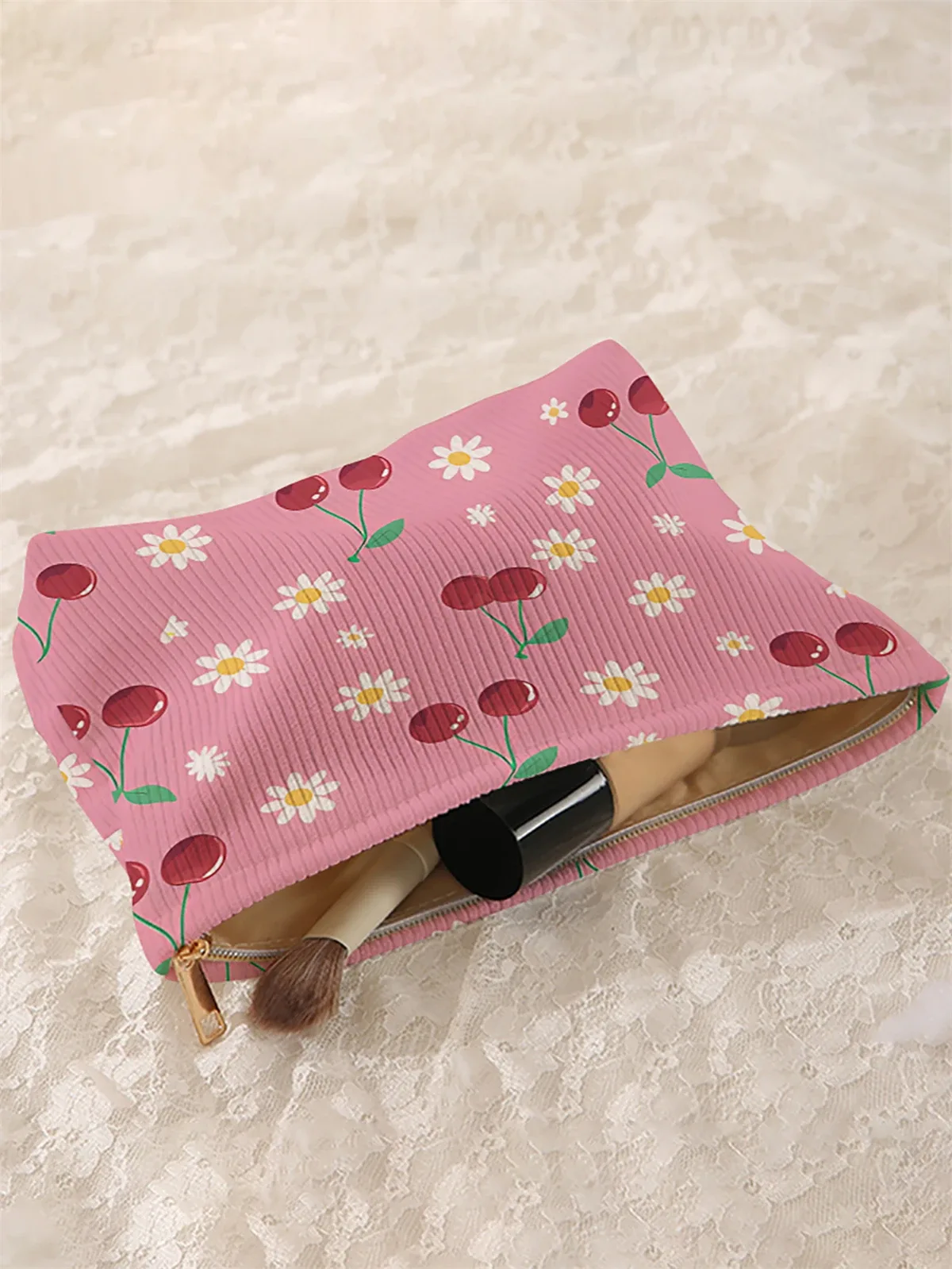 1 trousse de maquillage en velours côtelé à motifs cerises, boîte de rangement de maquillage légère à fermeture éclair, sac multifonctionnel avec doublure