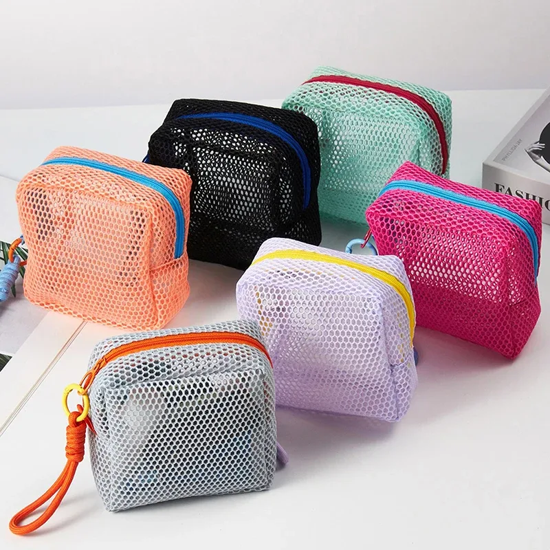 sac à cosmétiques en maille portable, trousse de maquillage de rangement de couleur dopamine, pochette de rangement de toilette en maille pour femmes, sac de rangement d'articles divers