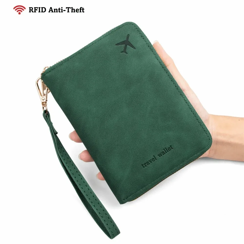 portefeuille de voyage multifonctionnel en pu avec protection rfid, couleur unie, anti-magnétique, fermeture éclair, sac de rangement pour documents, unisexe