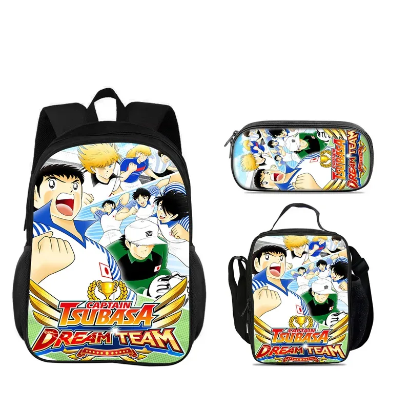 captain tsubasa – ensemble de 3 sacs à dos, trousse à crayons, sac isotherme, durable, tendance, polyvalent, pour l'école, pour garçons et filles, meilleur cadeau d'anniversaire