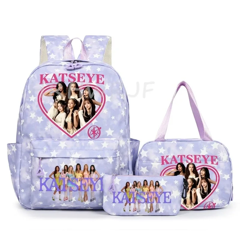 sac à dos katseye à thème musical, 3 pièces, imprimé étoiles roses, cartable amusant pour adolescents, étudiants, femmes, sac à dos pour ordinateur portable, sac de voyage mochila