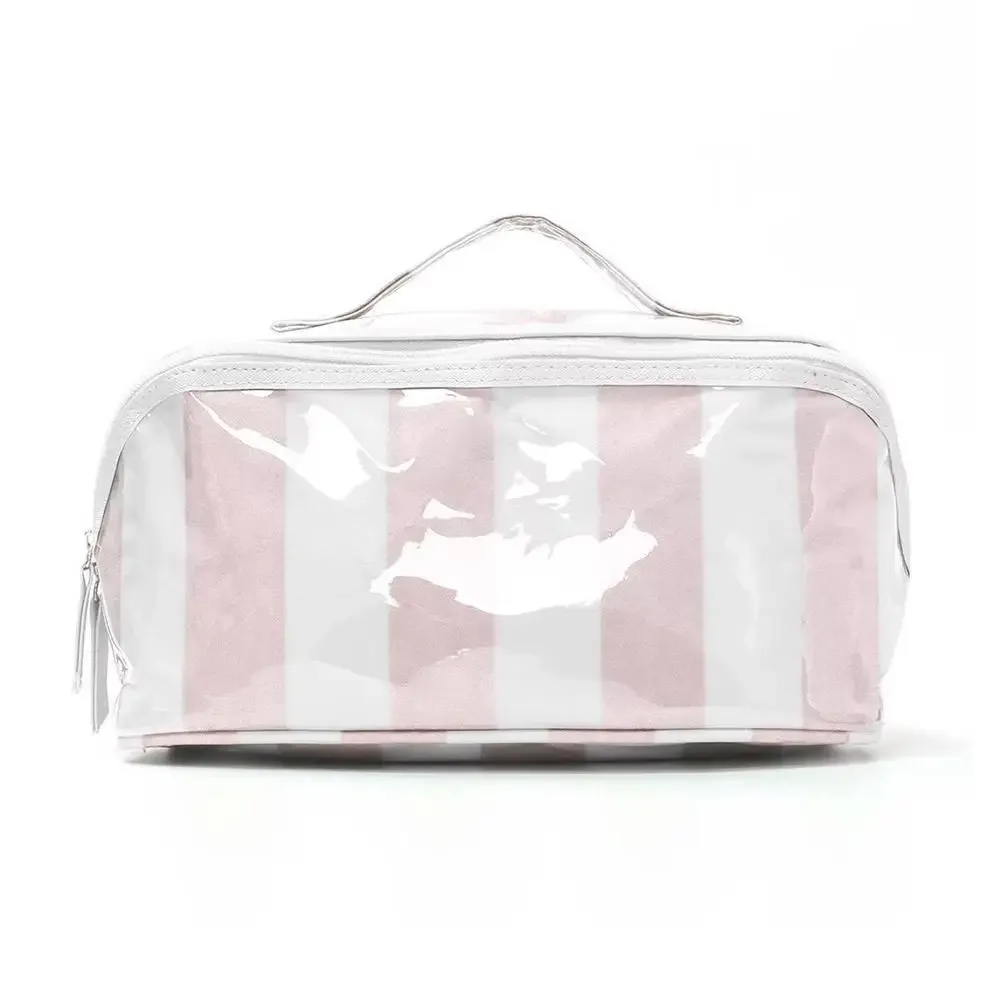 sac de maquillage imperméable en pvc, double fermeture éclair, sac de rangement cosmétique à rayures en damier, sac de toilette de voyage grande capacité
