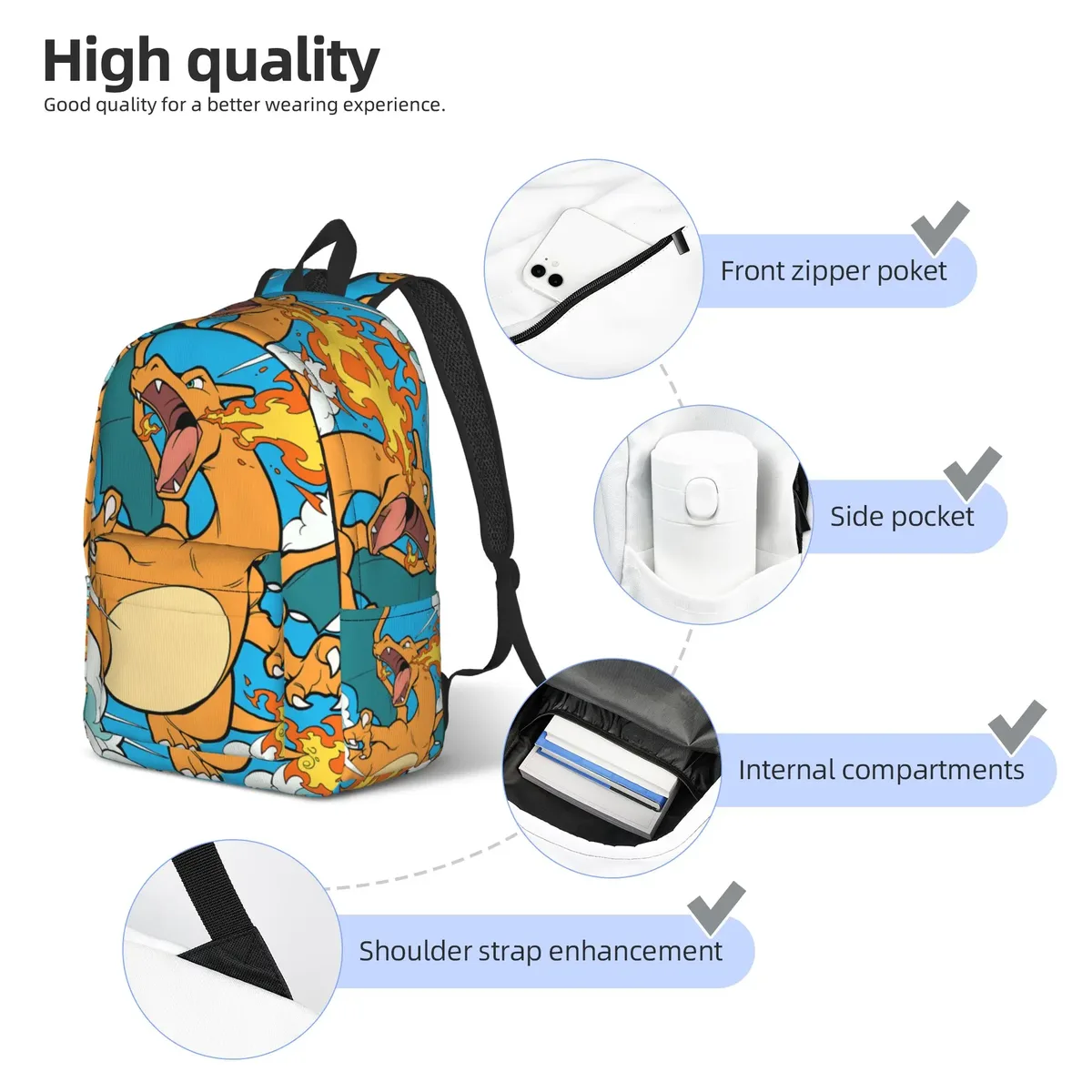 sac à dos pokemon charizard tendance pour l'école, sac à dos rétro lavable