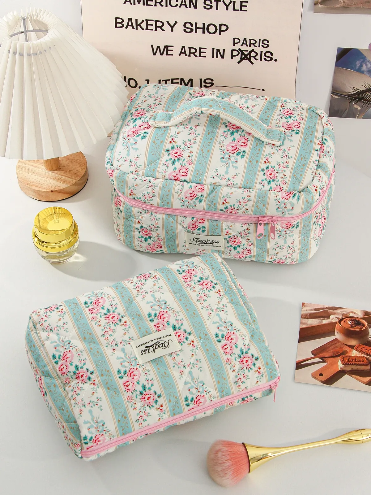 1 pièce/ensemble trousse de maquillage matelassée verte, trousse de maquillage florale ethnique, trousse de maquillage portable multifonctionnelle, trousse de maquillage de voyage